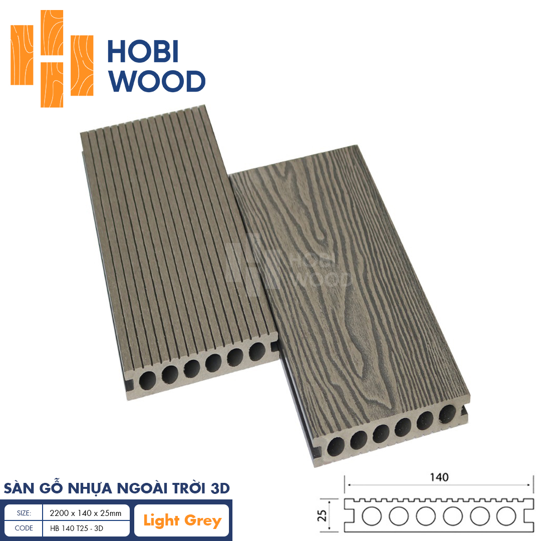 Sàn gỗ nhựa ngoài trời vân 3D HobiWood (Light Grey)