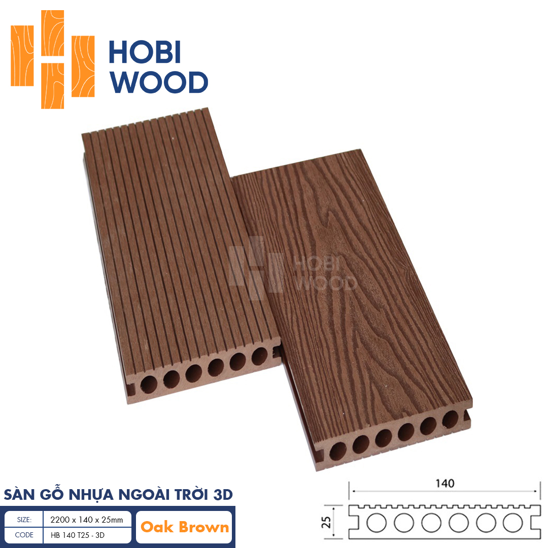 Sàn gỗ nhựa ngoài trời vân 3D HobiWood (Oak Brown)