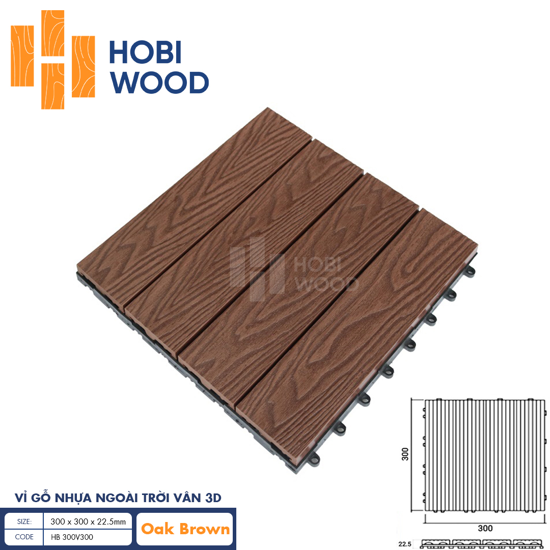 Vỉ gỗ nhựa ngoài trời vân 3D – HB 300V300 (Oak Brown)